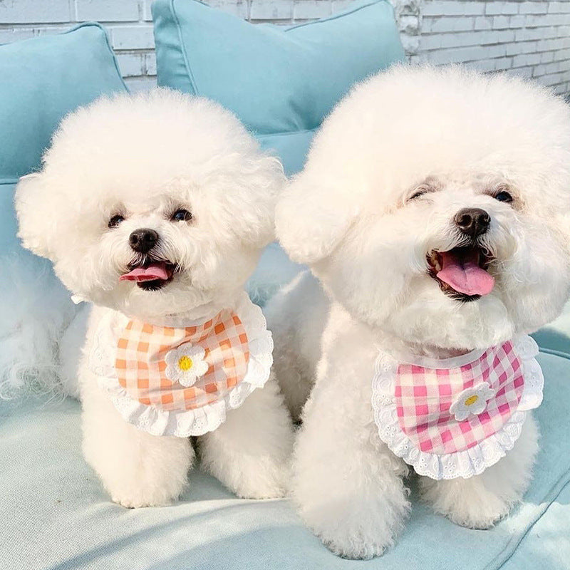 HKM-9380029 Flower Plaid Scarf Bib for Pets - Cotton Saliva Towel, 13.5cm Width, 9cm Height, 75cm Belt Length
