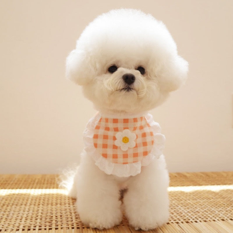 HKM-9380029 Flower Plaid Scarf Bib for Pets - Cotton Saliva Towel, 13.5cm Width, 9cm Height, 75cm Belt Length