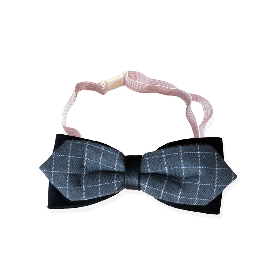 HKM-9380413 Handmade Dog Bow Tie Collar in Wine Red Plaid & Gray Plaid for Small and Medium Dogs