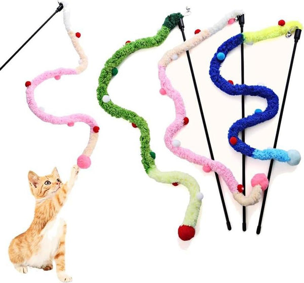 HKM-938067 Plush Interactive Cat Wand with Colorful Teaser Strips and Bells - Engaging Toy for Cats of All Sizes