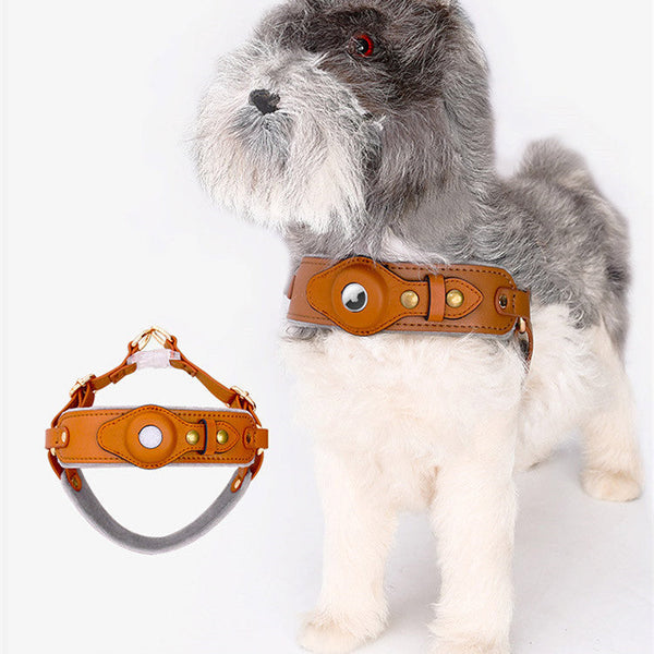 HKM-9382205 Leather Chest Back Airtag Harness with Traction Rope for Dogs - Multiple Sizes and Colors Available