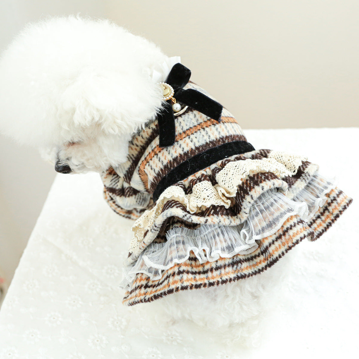 HKM-9382973 Autumn and Winter Maillard Woolen Skirt for Dogs and Cats, Polyester Casual Pet Clothing