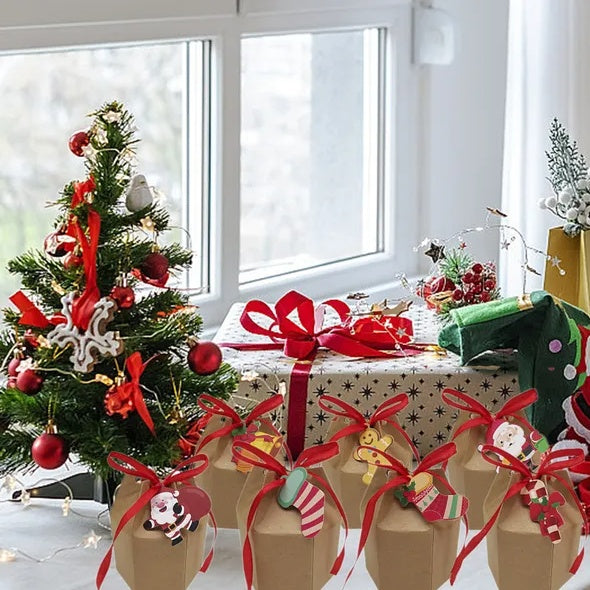 HKM-938323 Christmas Gift Box Set - 24 Pcs with Ribbon & Cards - Santa Claus, Reindeer, Snowman Design - Perfect for Treats and Party Favors
