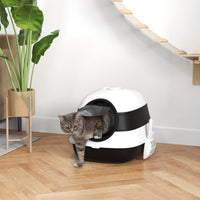 HKM-9383869 Dome-Covered Cat Litter Box with Grate and Air Freshener, Black and White Design