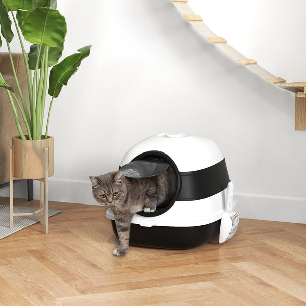 HKM-9383869 Dome-Covered Cat Litter Box with Grate and Air Freshener, Black and White Design