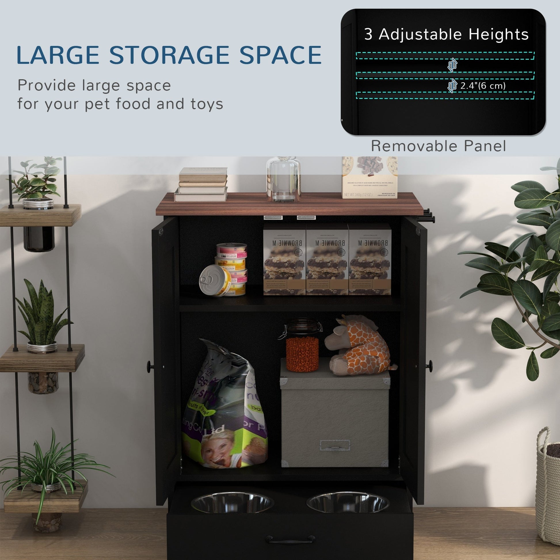 HKM-9384381 Elevated Pet Feeding Station with Hidden Bowls and Storage Cabinet for Medium-Sized Dogs