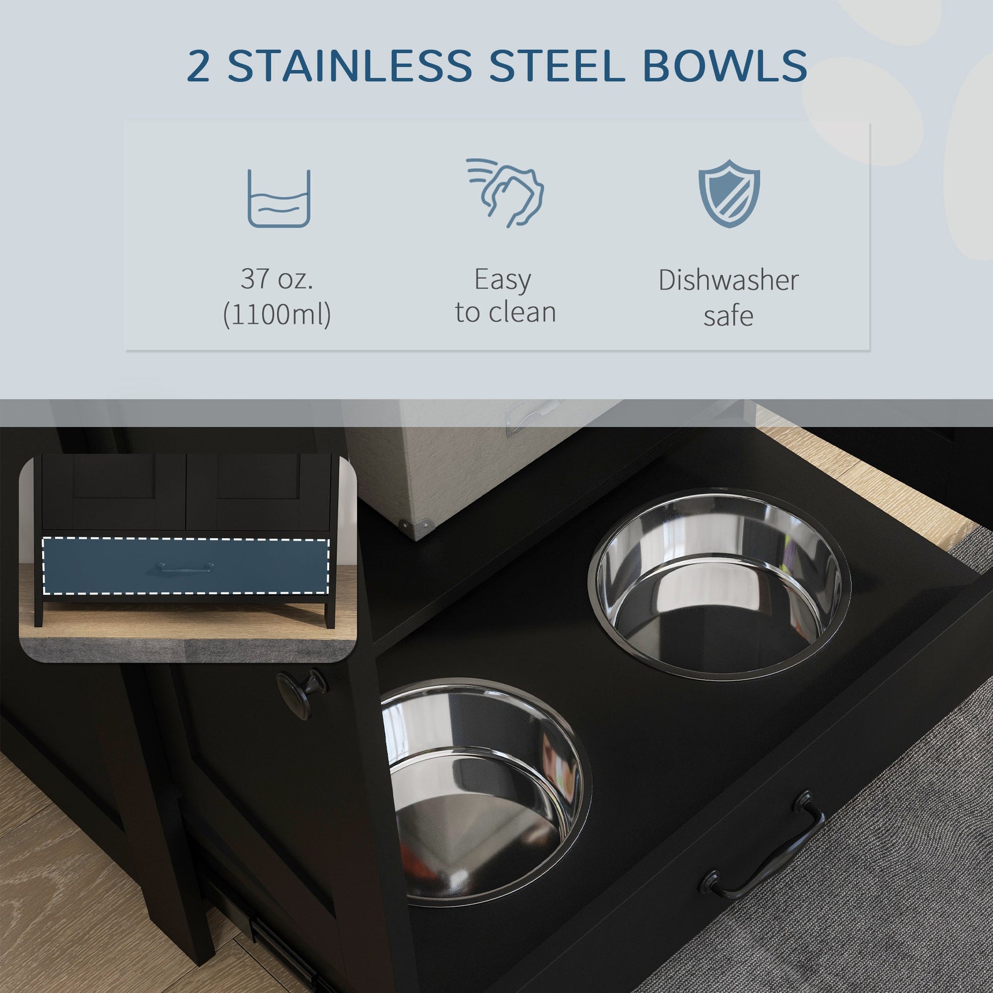 HKM-9384381 Elevated Pet Feeding Station with Hidden Bowls and Storage Cabinet for Medium-Sized Dogs
