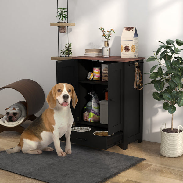 HKM-9384381 Elevated Pet Feeding Station with Hidden Bowls and Storage Cabinet for Medium-Sized Dogs