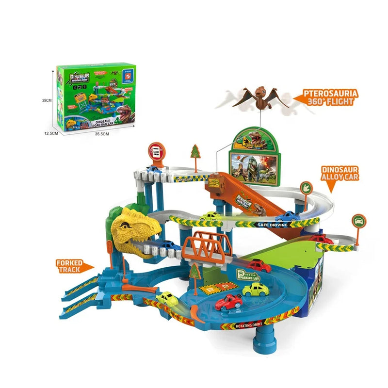 HKM-938515 Dinosaur World Road Race Track Car Set for Ages 2-4 with Free-Wheel Cars in Colorful Box