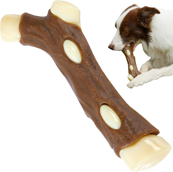 HKM-9385661 Indestructible Dog Chew Bone with Real Beef Flavor - Safe Nylon and Cowhide Teething Toy for All Dog Sizes