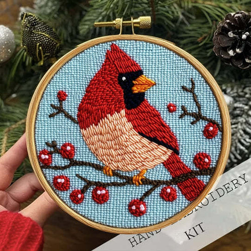 HKM-938707 Red Bird Embroidered Hand Embroidery on Cloth - Modern Simplicity Design (20x4)