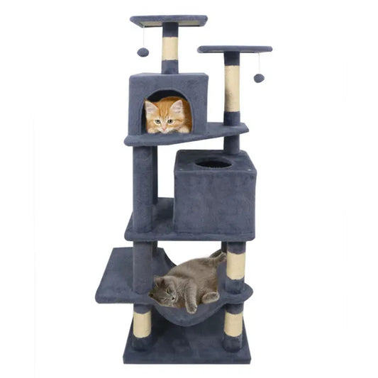 HKM-9387837 Multi-Level Cat Tree with 2 Condos and Hammock for Multi-Cat Households, Gray Finish with Sisal Scratching Posts