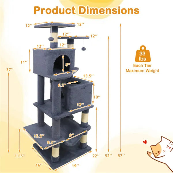 HKM-9387837 Multi-Level Cat Tree with 2 Condos and Hammock for Multi-Cat Households, Gray Finish with Sisal Scratching Posts