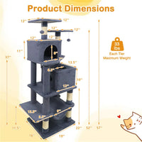 HKM-9387837 Multi-Level Cat Tree with 2 Condos and Hammock for Multi-Cat Households, Gray Finish with Sisal Scratching Posts