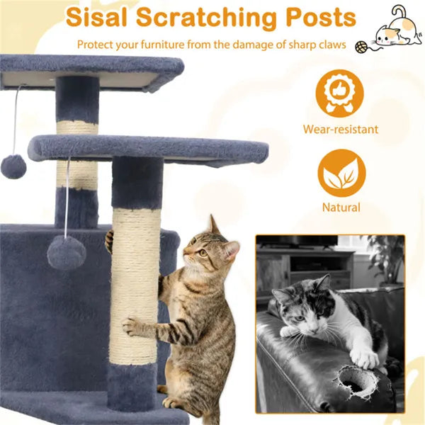 HKM-9387837 Multi-Level Cat Tree with 2 Condos and Hammock for Multi-Cat Households, Gray Finish with Sisal Scratching Posts