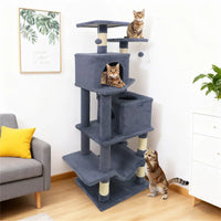HKM-9387837 Multi-Level Cat Tree with 2 Condos and Hammock for Multi-Cat Households, Gray Finish with Sisal Scratching Posts