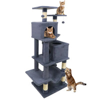 HKM-9387837 Multi-Level Cat Tree with 2 Condos and Hammock for Multi-Cat Households, Gray Finish with Sisal Scratching Posts