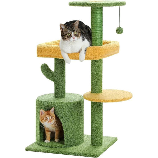HKM-939027 Cactus Shaped Cat Tower with Scratching Post and Plush Bed for Indoor Cats