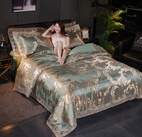 HKM-939027 Court Style Satin Jacquard Four-Piece Bed Sheet Set in British Fashion Green Camel