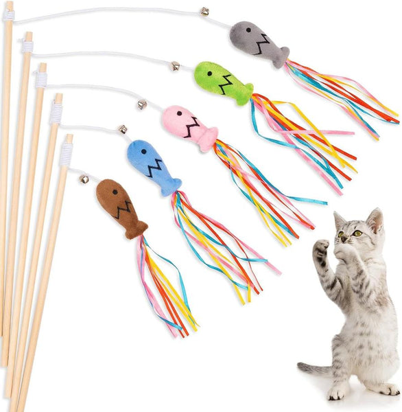 HKM-939219 Interactive Cat Wand with Catnip Fish, Colorful Ribbons, and Bells – Engaging Toy for Indoor Cats and Kittens
