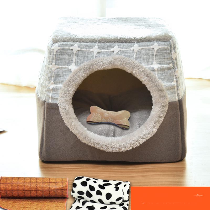 HKM-9397949 Four Seasons Space Capsule Cat House - Stylish Cloth Design with Sleeping Mat, Blanket, and Toy, Multiple Patterns Available