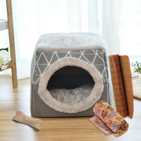 HKM-9397949 Four Seasons Space Capsule Cat House - Stylish Cloth Design with Sleeping Mat, Blanket, and Toy, Multiple Patterns Available
