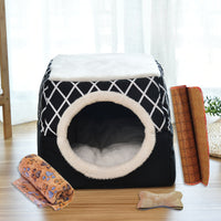 HKM-9397949 Four Seasons Space Capsule Cat House - Stylish Cloth Design with Sleeping Mat, Blanket, and Toy, Multiple Patterns Available