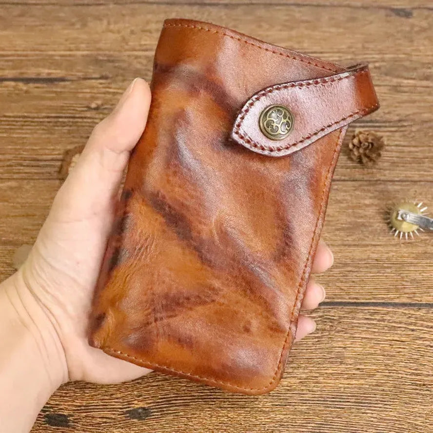 HKM-939923 Vintage Genuine Leather Long Wallet – Hand-Wrinkled Vegetable Tanned Leather, Retro Design, Hasp Closure, Multiple Colours