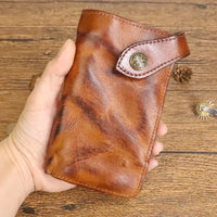 HKM-939923 Vintage Genuine Leather Long Wallet – Hand-Wrinkled Vegetable Tanned Leather, Retro Design, Hasp Closure, Multiple Colours