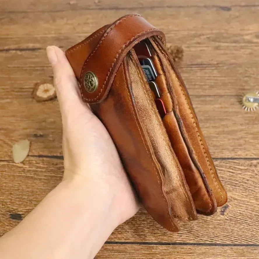HKM-939923 Vintage Genuine Leather Long Wallet – Hand-Wrinkled Vegetable Tanned Leather, Retro Design, Hasp Closure, Multiple Colours