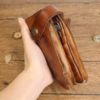 HKM-939923 Vintage Genuine Leather Long Wallet – Hand-Wrinkled Vegetable Tanned Leather, Retro Design, Hasp Closure, Multiple Colours