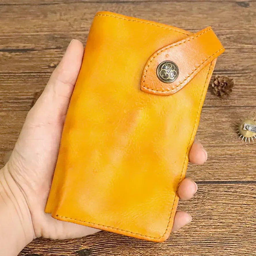 HKM-939923 Vintage Genuine Leather Long Wallet – Hand-Wrinkled Vegetable Tanned Leather, Retro Design, Hasp Closure, Multiple Colours