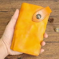 HKM-939923 Vintage Genuine Leather Long Wallet – Hand-Wrinkled Vegetable Tanned Leather, Retro Design, Hasp Closure, Multiple Colours