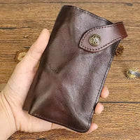 HKM-939923 Vintage Genuine Leather Long Wallet – Hand-Wrinkled Vegetable Tanned Leather, Retro Design, Hasp Closure, Multiple Colours