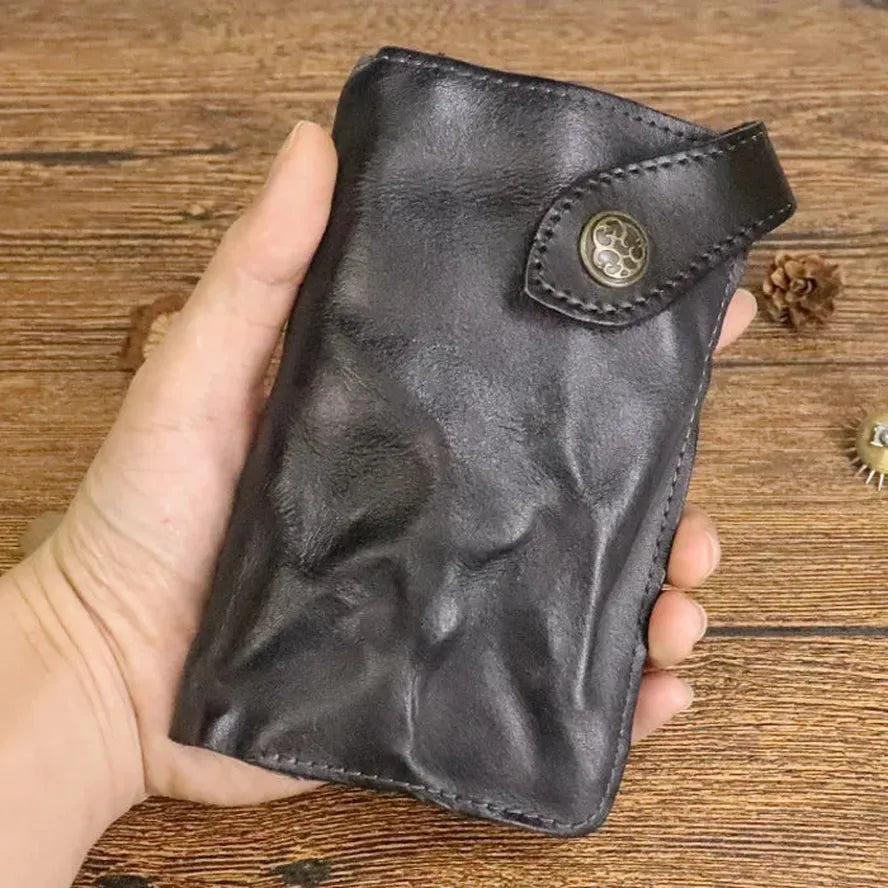 HKM-939923 Vintage Genuine Leather Long Wallet – Hand-Wrinkled Vegetable Tanned Leather, Retro Design, Hasp Closure, Multiple Colours