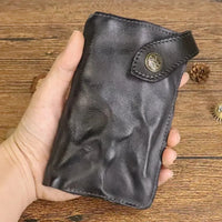 HKM-939923 Vintage Genuine Leather Long Wallet – Hand-Wrinkled Vegetable Tanned Leather, Retro Design, Hasp Closure, Multiple Colours