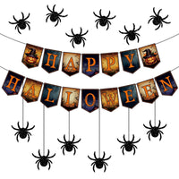 HKM-939987 Happy Halloween Banner and Spider Ornament Set with Black Rope for Trick or Treat Theme Party Decorations
