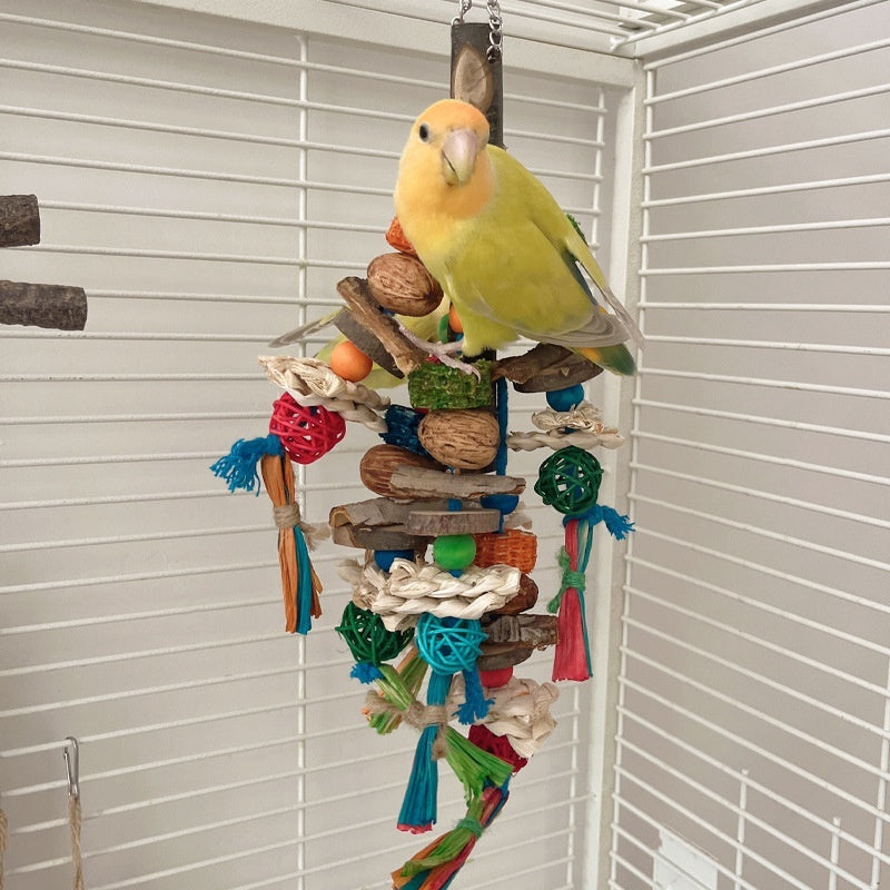 HKM-940115 Natural Material Parrot Decompression Toy with Colorful String Combination for Small to Medium Birds