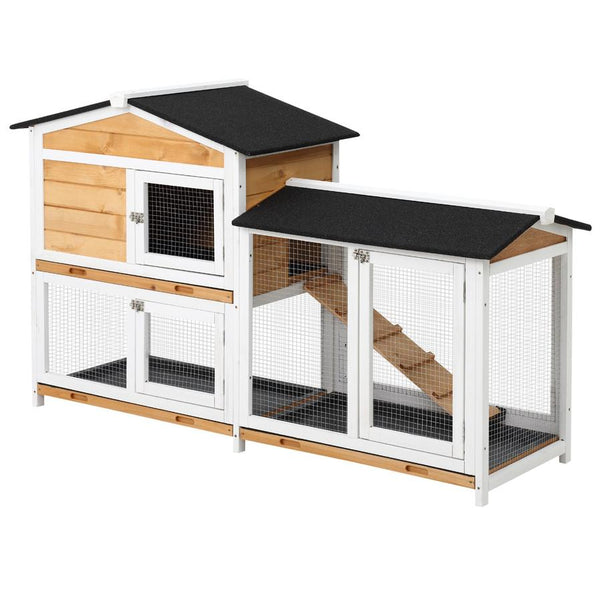 HKM-940179 Two-Story Wooden Rabbit Hutch with Ramp for Indoor and Outdoor Use, Weatherproof Roof and Easy Access Trays