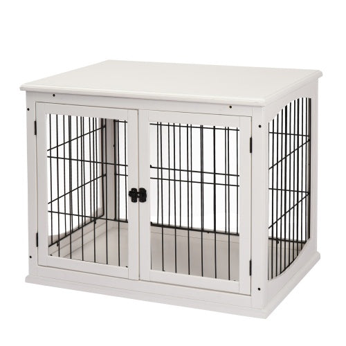 HKM-9403325 Small Indoor Dog Kennel End Table with Dual Access and Lockable Door in White