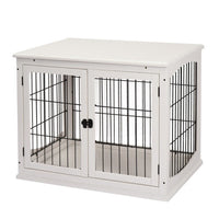 HKM-9403325 Small Indoor Dog Kennel End Table with Dual Access and Lockable Door in White