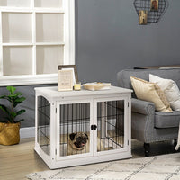 HKM-9403325 Small Indoor Dog Kennel End Table with Dual Access and Lockable Door in White