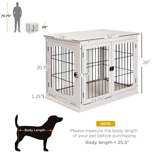 HKM-9403325 Small Indoor Dog Kennel End Table with Dual Access and Lockable Door in White
