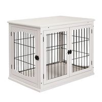HKM-9403325 Small Indoor Dog Kennel End Table with Dual Access and Lockable Door in White