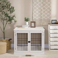 HKM-9403325 Small Indoor Dog Kennel End Table with Dual Access and Lockable Door in White