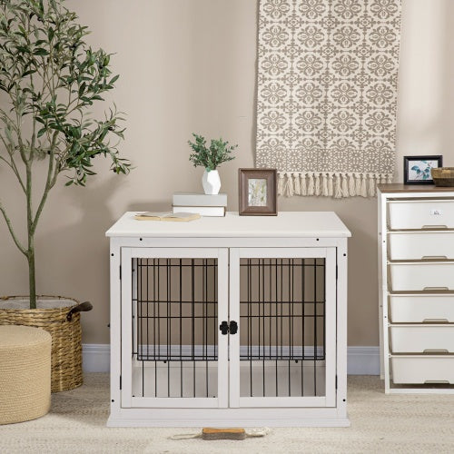 HKM-9403325 Small Indoor Dog Kennel End Table with Dual Access and Lockable Door in White