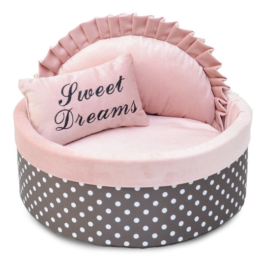 HKM-9403709 Polka Dot Sponge Round Pet Nest with Pillow - Available in Pink, Gray, Rose Red, and Lake Blue