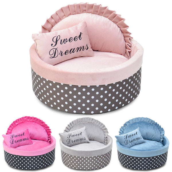HKM-9403709 Polka Dot Sponge Round Pet Nest with Pillow - Available in Pink, Gray, Rose Red, and Lake Blue