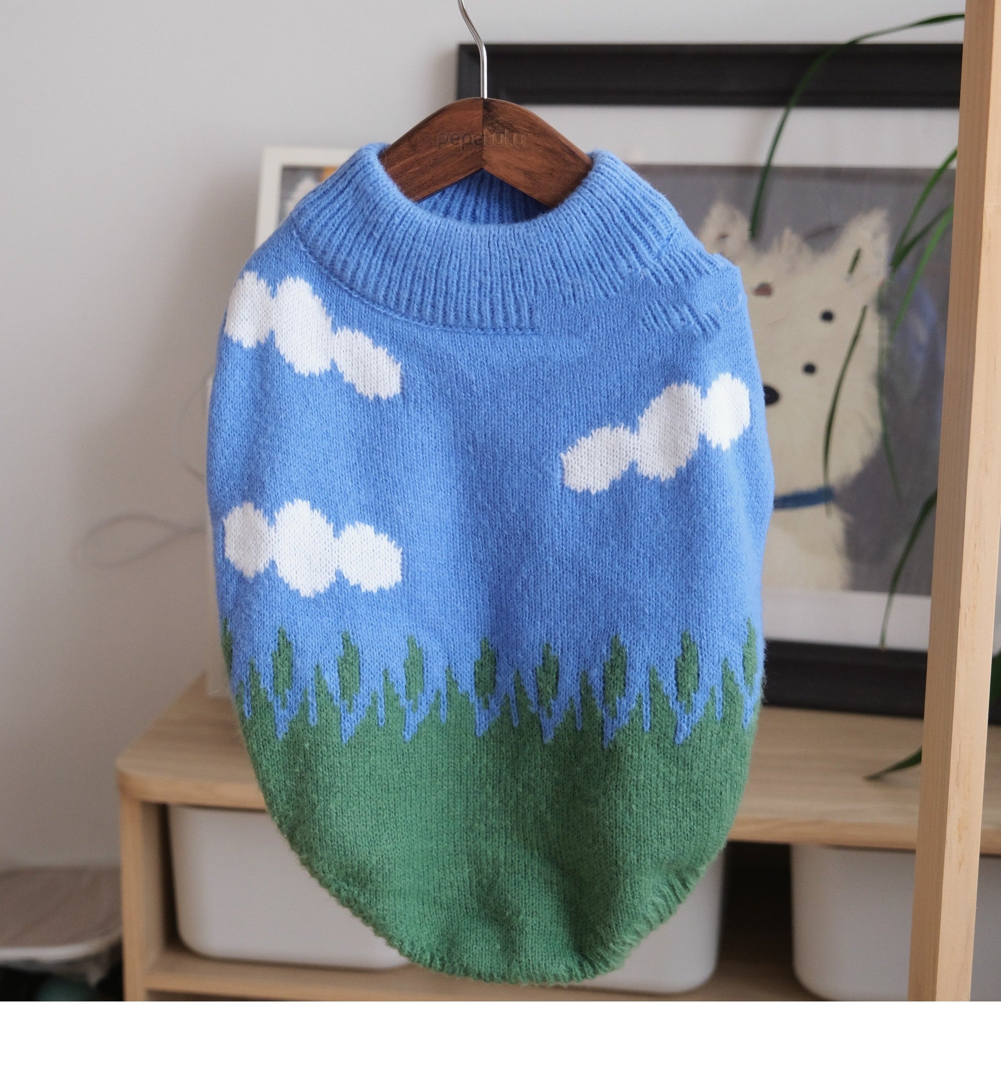 HKM-9405245 Cozy Blue Sky and White Clouds Crew Neck Sweater for Pets