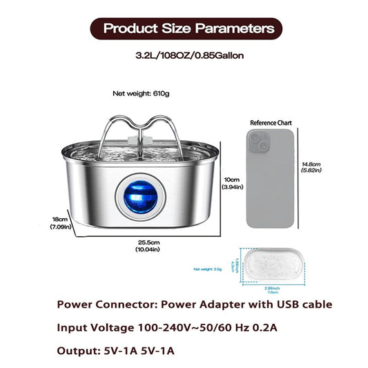 HKM-9405501 Stainless Steel 3.2L Automatic Pet Water Fountain with Dual Outlets and 4 Filters